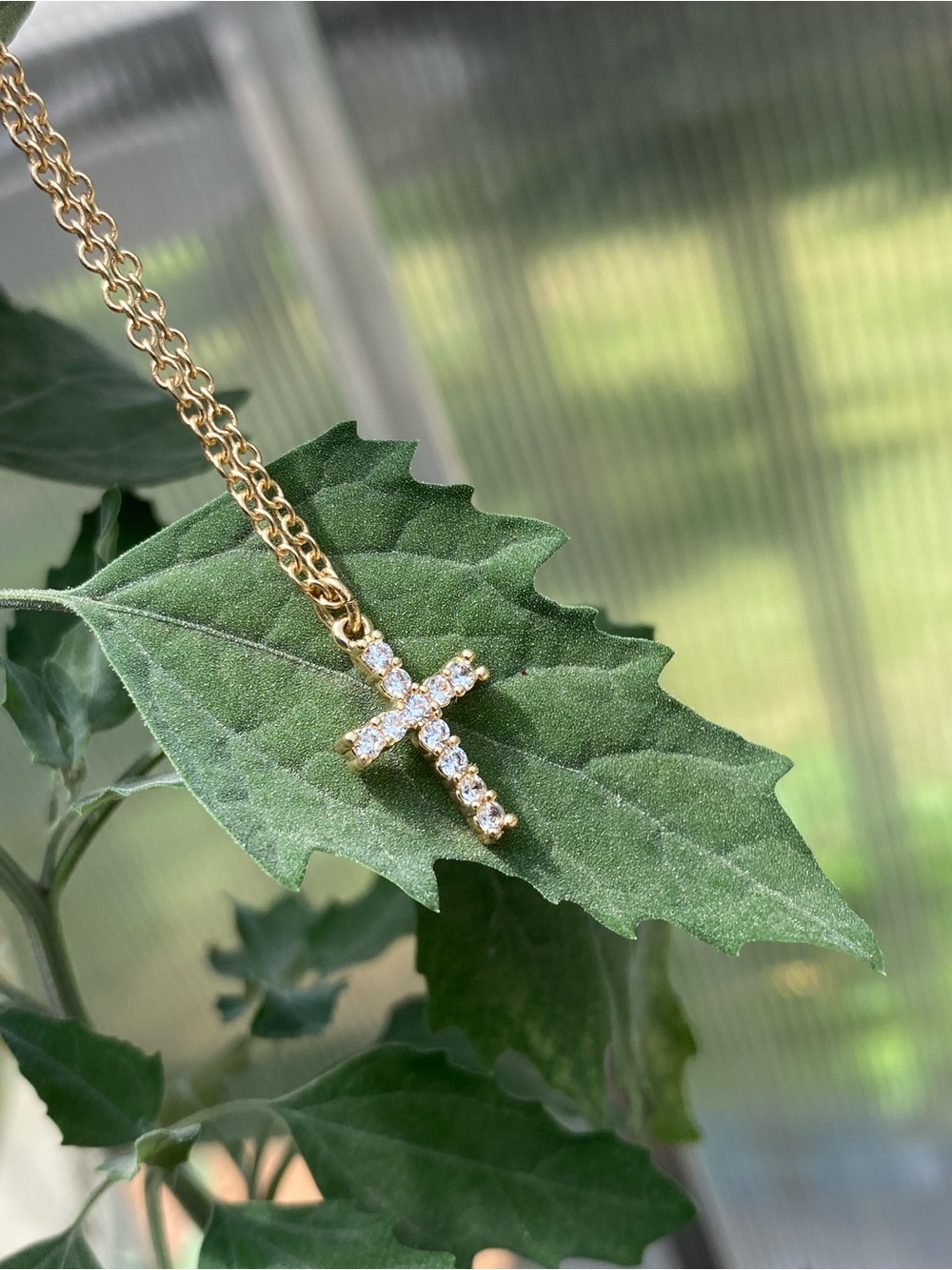 Gold Cross Pendant Necklace with Clear Stones Signed GV9 - Picture 9 of 13